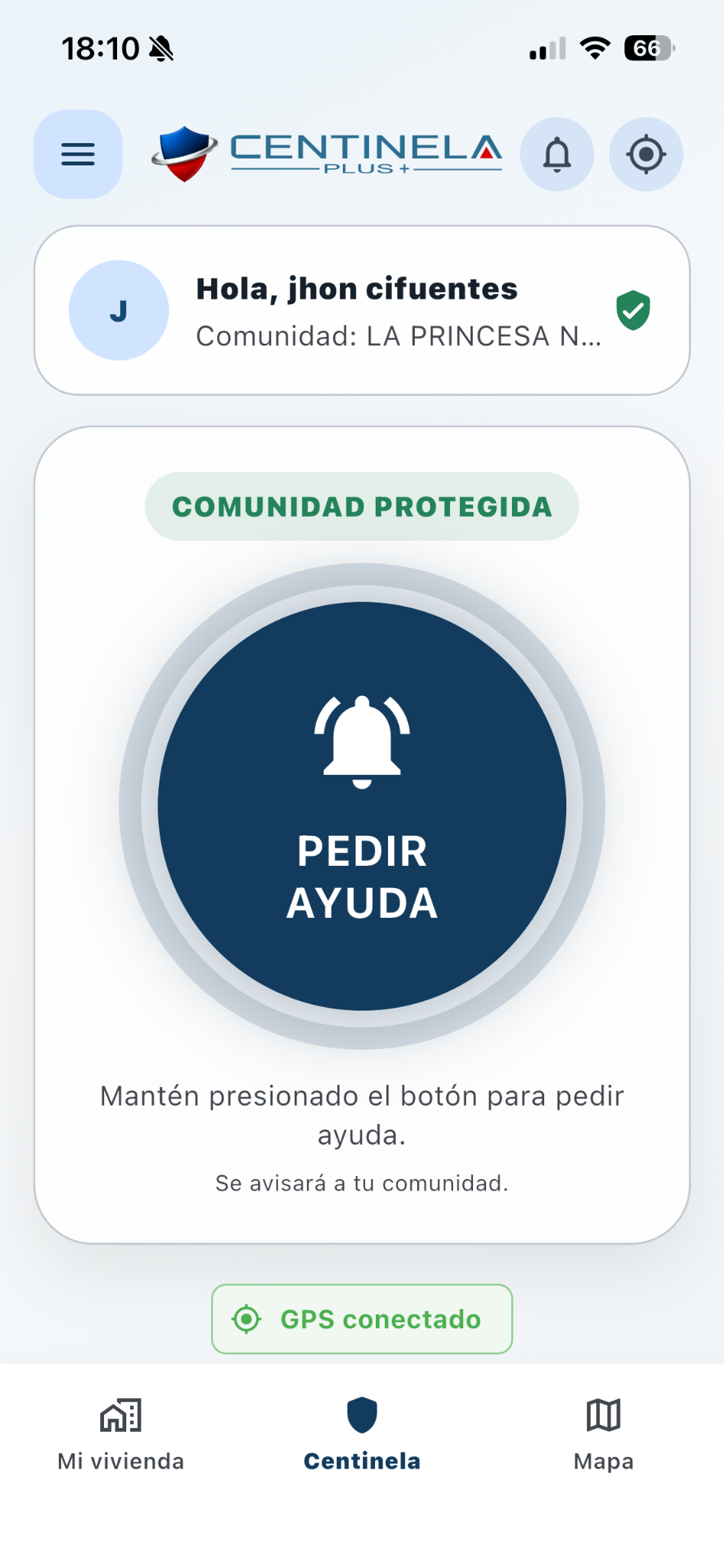 Pantalla principal de Centinela Plus con botón para pedir ayuda