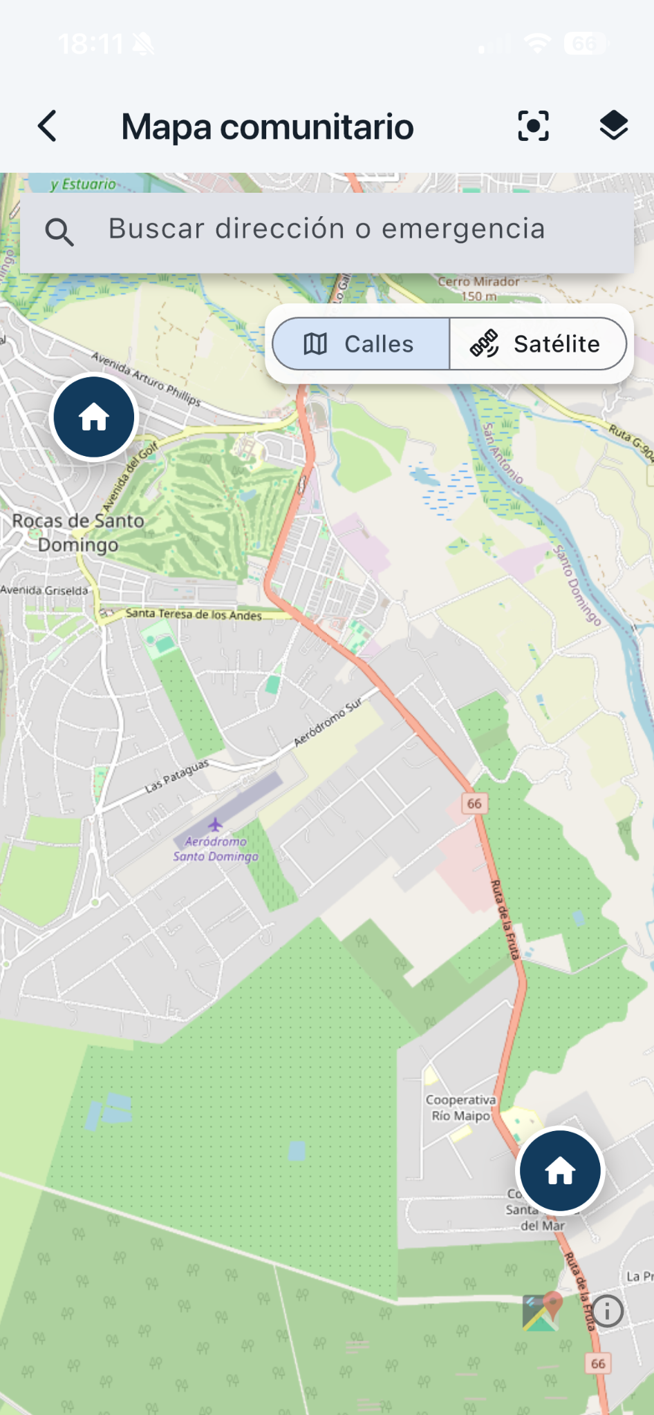 Mapa comunitario de Centinela Plus mostrando una emergencia geolocalizada